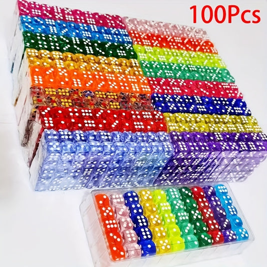 100pcs New Transparent Acrylic 6-Sided Game Dice Set With 10 Different Colors For Board Games, Holiday Parties And Gatherings