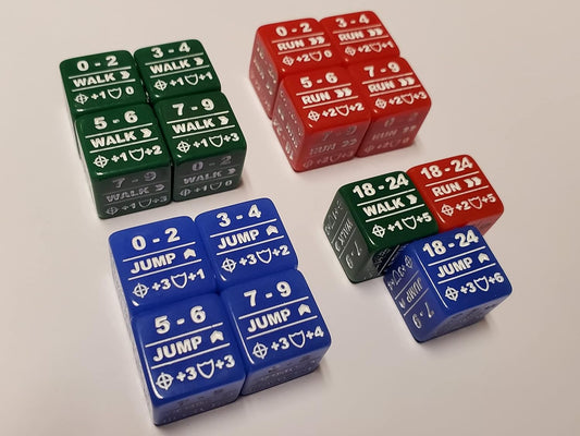 15x Battletech Movement Dice / Color Coded Walk Run Jump Movement Modifier Dice