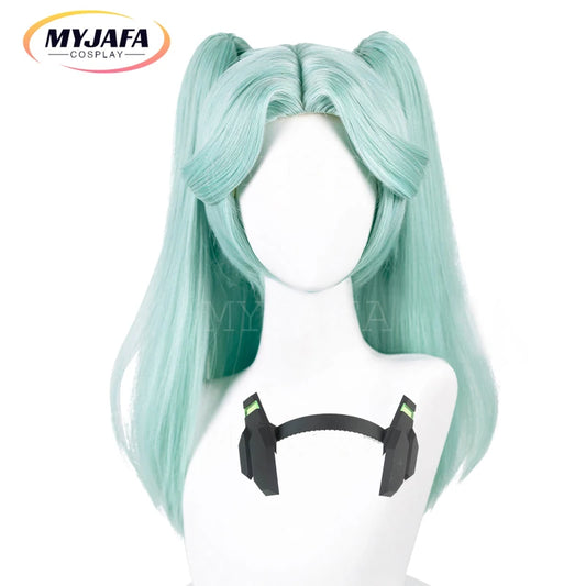 Cyberpunk Edgerunners Rebecca Cosplay Wig Mint Green Long Ponytails Heat Resistant Synthetic Hair Wigs + Wig Cap